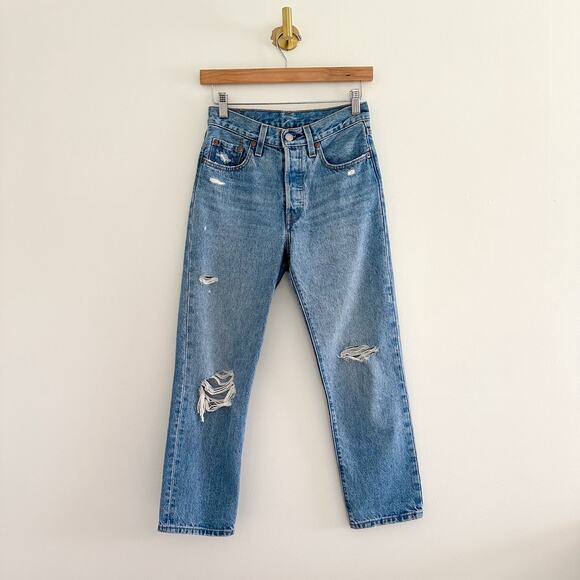 Levi's 501 Distressed High Rise Button-Fly Denim Straight Jeans Blue 24 - Picture 1 of 10
